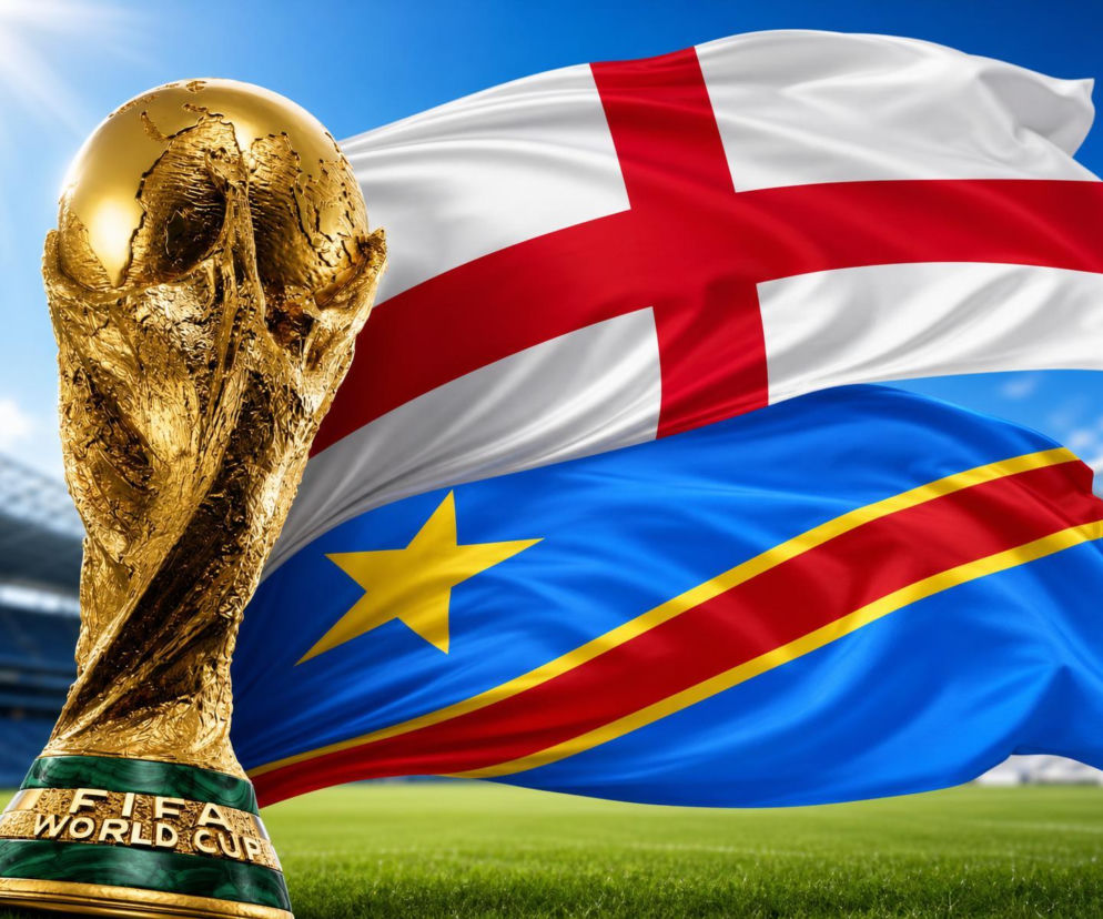 Złoty Puchar Świata na tle flag Anglii i DR Konga. O meczu 1/16 finału Mundialu przeczytasz na SE Supersport.