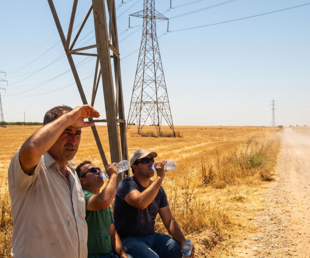 Trzech mężczyzn pije wodę i osłania oczy przed słońcem na tle suchego pola i linii energetycznych. Zdjęcie ilustruje wyzwania związane z upałami i stabilnością systemu elektroenergetycznego, o czym można przeczytać na naszym portalu.