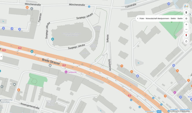 Niemieckie nazwy ulic w Szczecinie na mapach Bing