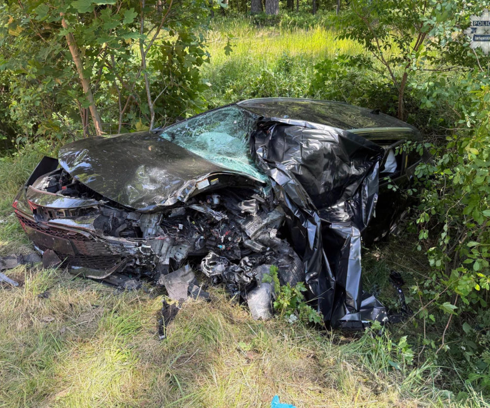 Rozbity, czarny samochód osobowy marki Audi z pękniętą przednią szybą, stojący na trawie wśród zielonych krzewów po tragicznym wypadku drogowym w Brynku, powiat tarnogórski. Więcej informacji o zdarzeniu na naszym portalu.