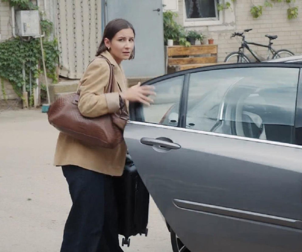 Kobieta o imieniu Agnes, z brązową torebką i w beżowej marynarce, stoi obok otwartych drzwi szarego samochodu, szykując się do odjazdu lub powrotu w serialu „M jak miłość”. O jej losach dowiesz się więcej, czytając artykuły na portalu Super Seriale.