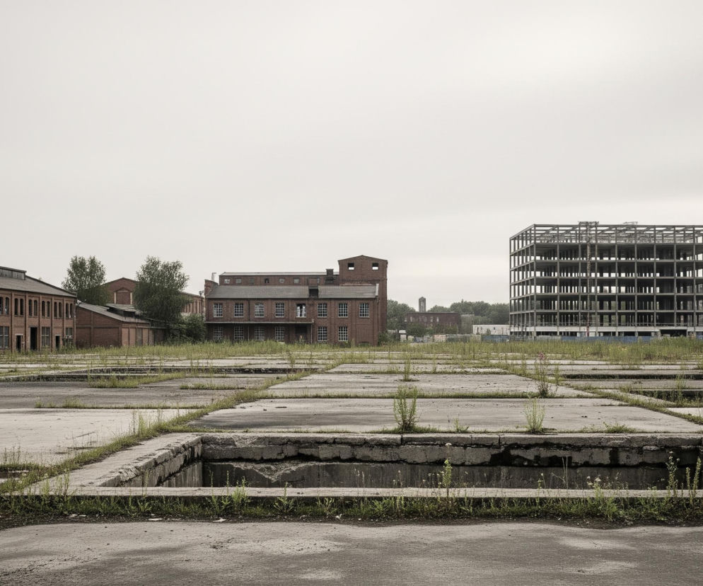 Centralną część obrazu zajmuje rozległy, zaniedbany betonowy plac, poprzecinany równomiernie ułożonymi, kwadratowymi i prostokątnymi wnękami, z których niektóre są głębsze, tworząc otwarte, puste baseny. Przez pęknięcia w betonie oraz wzdłuż krawędzi wnęk bujnie rośnie zielona, wysoka trawa i chwasty, wskazując na długotrwałe nieużywanie terenu. W tle, po lewej stronie, widoczne są ceglane budynki o industrialnym charakterze, z licznymi oknami i ciemnymi dachami, otoczone drzewami. Po prawej stronie horyzontu dominuje szkielet dużej, niedokończonej konstrukcji ze stalowych belek, a za nią widać inne budynki i gęste zalesienie. Całość znajduje się pod jasnym, zachmurzonym niebem o jednolitym, szarym odcieniu.