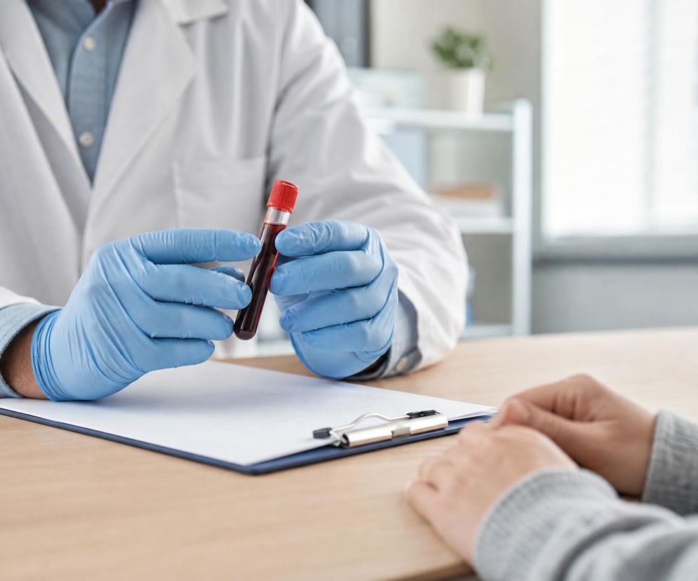 Lekarz trzyma probówkę z krwią przed pacjentem. O diagnostyce hiperkalcemii przeczytasz na Poradnik Zdrowie.