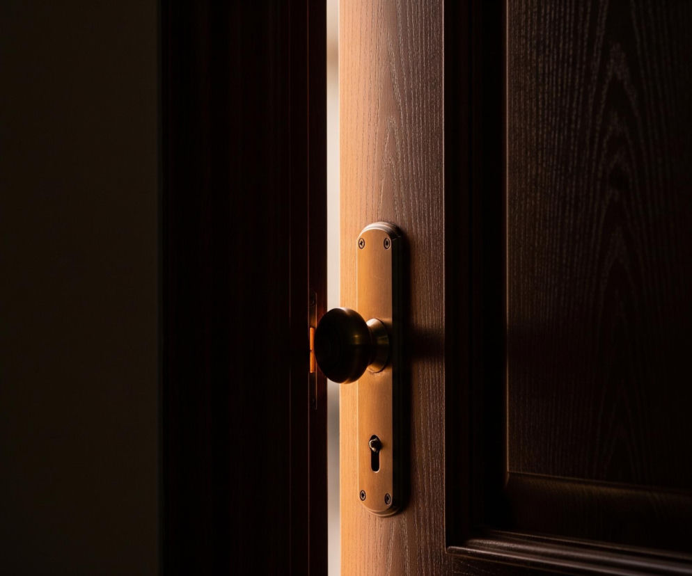 Drzwi wykonane z ciemnego drewna są uchylone, ukazując pionową, jasną szczelinę światła w środkowej części obrazu. Na wewnętrznej krawędzi uchylonych drzwi widoczna jest złota klamka z okrągłym uchwytem i wpuszczonym zamkiem, odbijająca ciepłe światło zza szczeliny. Po lewej stronie dominuje czerń i ciemne brązy, symbolizujące ciemne pomieszczenie, natomiast po prawej stronie widać ciemną, wewnętrzną stronę drzwi, również z widoczną fakturą drewna.