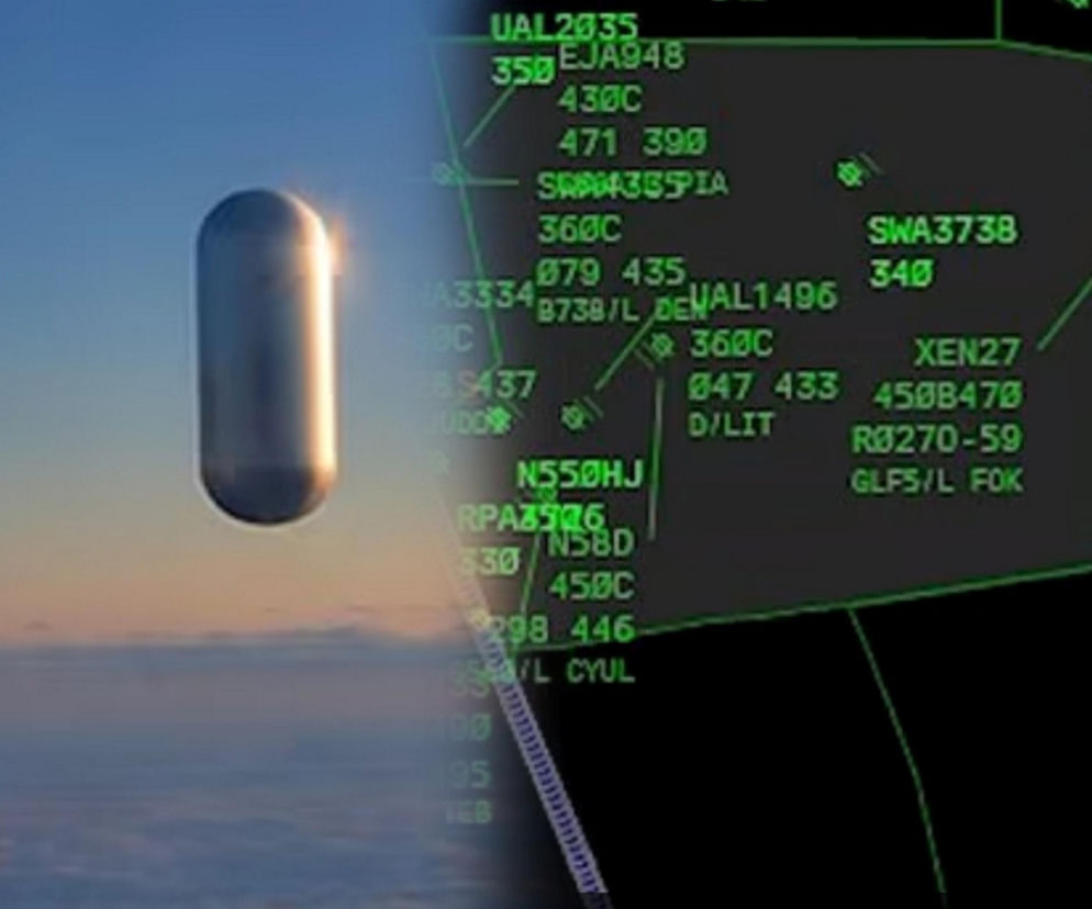 Srebrny obiekt w kształcie kapsułki na tle nieba. Obok zrzut ekranu radaru lotniczego. O UFO nad Ohio czytaj w SE.