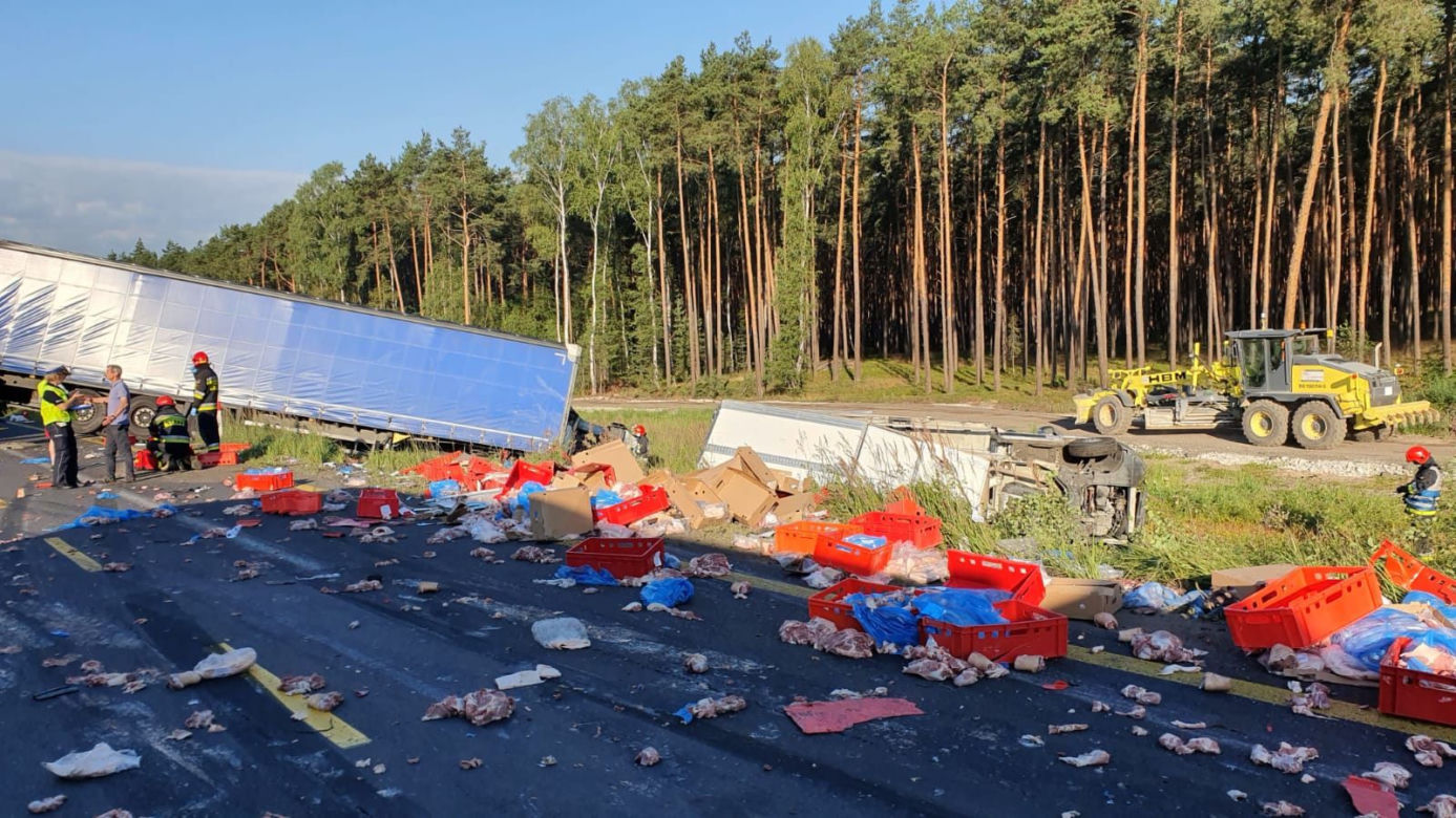 Łódzkie: Kilogramy MIĘSA na „Gierkówce”. TIR staranował busa [FOTO]