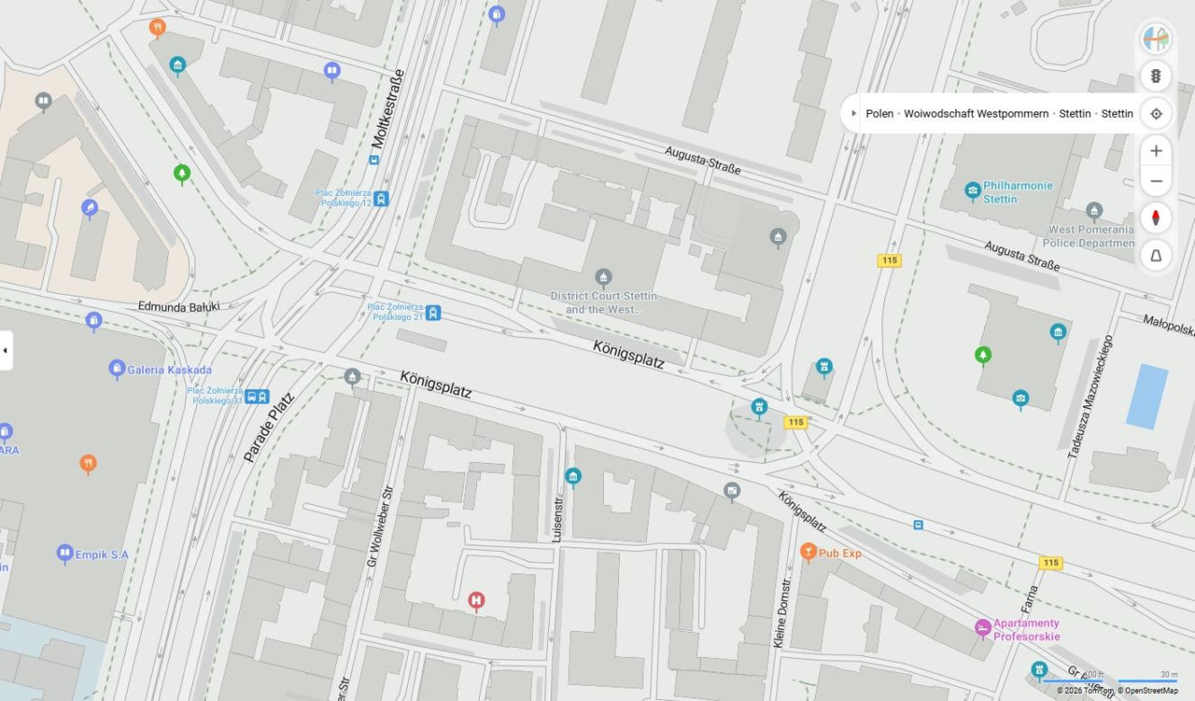 Niemieckie nazwy ulic w Szczecinie na mapach Bing
