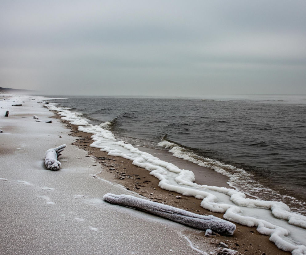 Piaszczysta plaża pokryta warstwą śniegu i szronu rozciąga się wzdłuż ciemnego, wzburzonego morza pod ponurym, szarym niebem. Biała, falista piana morska, przypominająca kożuch, układa się na granicy piasku i wody. Wzdłuż brzegu leżą zamarznięte pnie i gałęzie drzew, również pokryte szronem. W oddali, po lewej stronie, widać porośnięte trawą i nagimi krzewami wydmy, zza których wyłania się ciemny las, zlewający się z mgłą w tle.