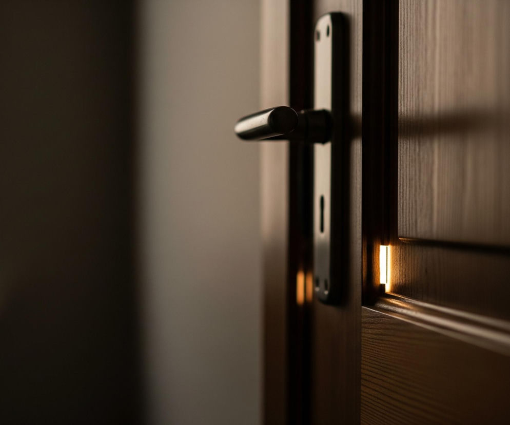 Z bliska widać prawe skrzydło drewnianych drzwi o ciemnobrązowym kolorze z widoczną, pionową strukturą słojów drewna. Po prawej stronie drzwi, na ich wysokości, biegnie pozioma listwa, tworząca panel; tuż nad nią znajduje się prostokątne, pionowe wycięcie, z którego wydobywa się jasne, ciepłe, żółto-pomarańczowe światło. Z lewej strony światło to oświetla fragment ściany i krawędź metalowego elementu, który jest częścią zamka. Powyżej zamka i klamki, również widać światło odbijające się od metalowej płytki. Od prawej strony, na drzwiach widoczne są cienie biegnące poziomo. W tle, po lewej stronie, rozmyty, jasno oświetlony prostokąt sugeruje okno.