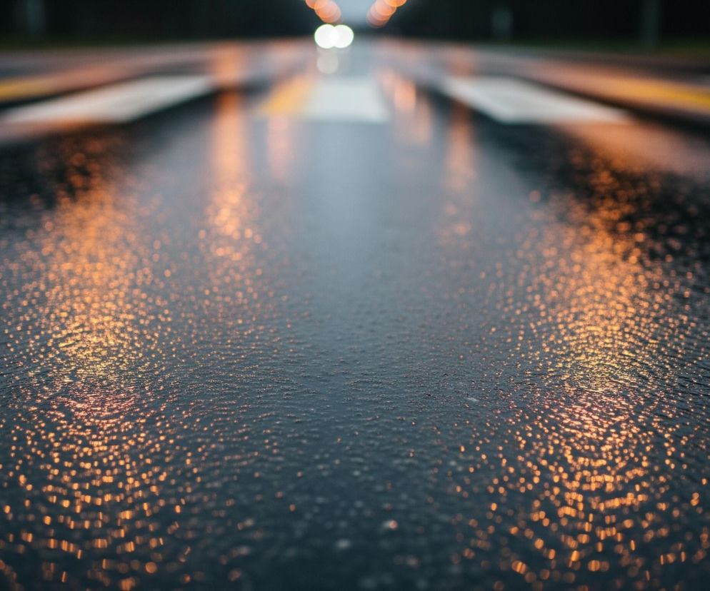Mokry asfalt jezdni, pokryty drobnymi kroplami wody, odbija rozproszone pomarańczowe światła po obu stronach kadru, tworząc efekt bokeh. W oddali, na ciemnym tle, widoczne są rozmyte białe światła pojazdów, a także poziome pasy przejścia dla pieszych i żółta linia ciągła. Cała scena charakteryzuje się dominującymi ciemnymi odcieniami niebieskiego i szarego, przełamanymi ciepłym blaskiem świateł.