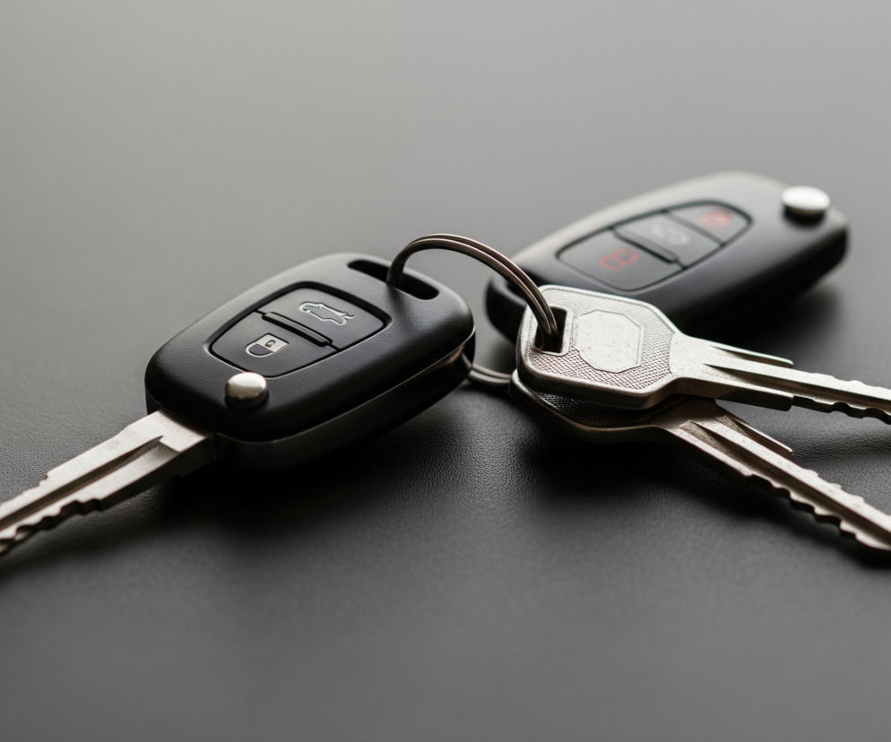 Na ciemnoszarym, lekko błyszczącym tle, leży pęk kluczy. Składa się on z dwóch czarnych pilotów samochodowych i trzech srebrnych, tradycyjnych kluczy, połączonych wspólnym, metalowym kółkiem. Jeden pilot leży bliżej, z wyraźnymi srebrnymi przyciskami symbolizującymi zamykanie, otwieranie oraz otwieranie bagażnika; jego srebrny grot jest widoczny. Drugi pilot znajduje się nieco dalej i jest rozmazany, z ledwo widocznymi czerwonymi symbolami na przyciskach, również z widocznym grotem.