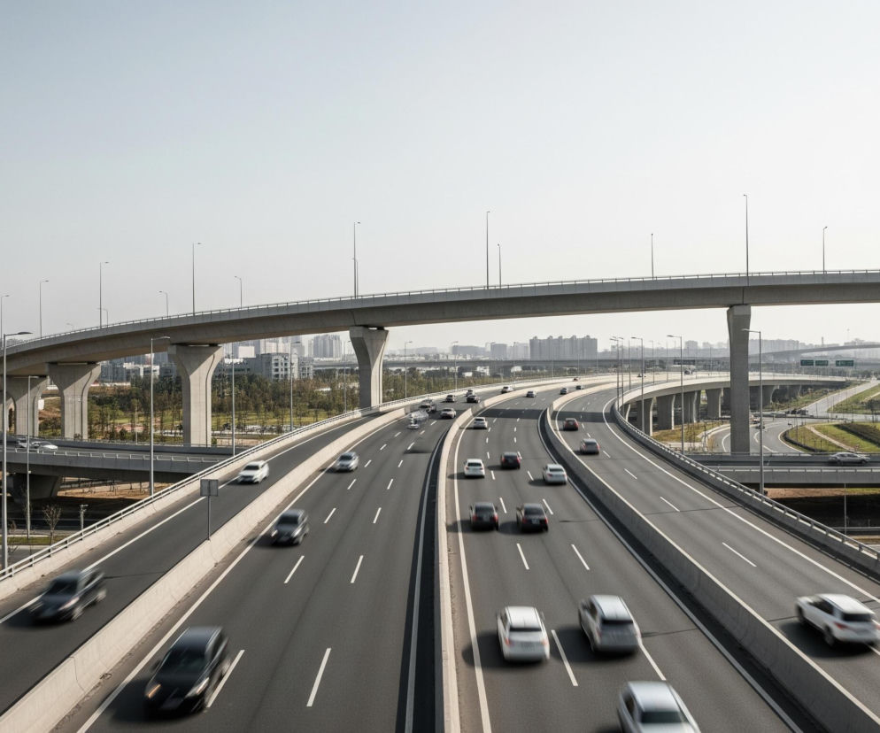 Na obrazie dominuje rozległy, wielopoziomowy węzeł autostradowy. Na pierwszym planie, w centrum, biegną równolegle dwie szerokie jezdnie autostrady, rozdzielone betonową barierą, z wieloma samochodami rozmazanymi od ruchu, co sugeruje prędkość. W tle widać liczne estakady i wiadukty, tworzące skomplikowaną sieć dróg, z widocznymi filarami podtrzymującymi konstrukcje. Po obu stronach autostrady rosną młode drzewa i krzewy na zielonych skarpach, a na horyzoncie rozciąga się miejski krajobraz z licznymi budynkami i drapaczami chmur pod jasnym, bezchmurnym niebem.