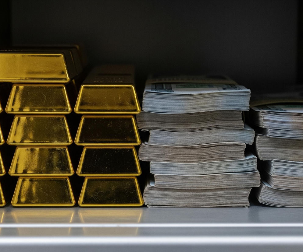 Na metalowej półce, w lekko zaciemnionym pomieszczeniu, leżą ułożone obok siebie trzy stosy złotych sztabek oraz cztery stosy banknotów. Po lewej stronie, sześć połyskujących złotych sztabek o trapezoidalnym kształcie jest ułożonych w trzech rzędach po dwie, każda sztabka częściowo zasłaniając dolną część sztabki powyżej. Po prawej stronie, obok sztabek, znajdują się równo ułożone pliki banknotów, każdy z widocznym zielonkawym wzorem na wierzchu, a cała scena oświetlona jest od góry.