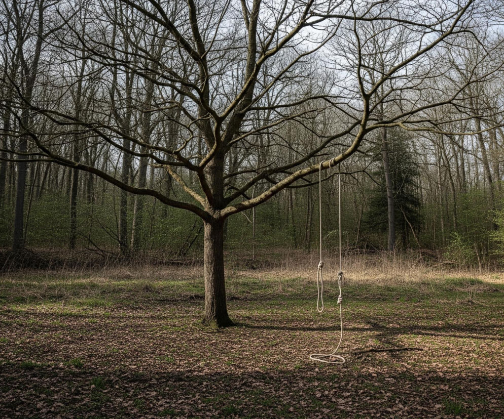 Centralnie na pierwszym planie stoi pojedyncze drzewo o rozłożystych, nagich gałęziach, z których zwisa biała lina z pętlami, służąca jako prowizoryczna huśtawka. Podłoże pokrywają brązowe, opadłe liście oraz kępki zielonej trawy, a na dalszym planie rozciąga się las z licznymi drzewami o ciemnych pniach i cienkich, bezlistnych gałęziach, z widocznymi przebłyskami jaśniejszej zieleni na dole. Nad horyzontem widać jasne, częściowo zachmurzone niebo. Całość utrzymana jest w stonowanych barwach jesienno-zimowych z akcentami wczesnej wiosny, z delikatnymi cieniami rzucanymi na ziemię.