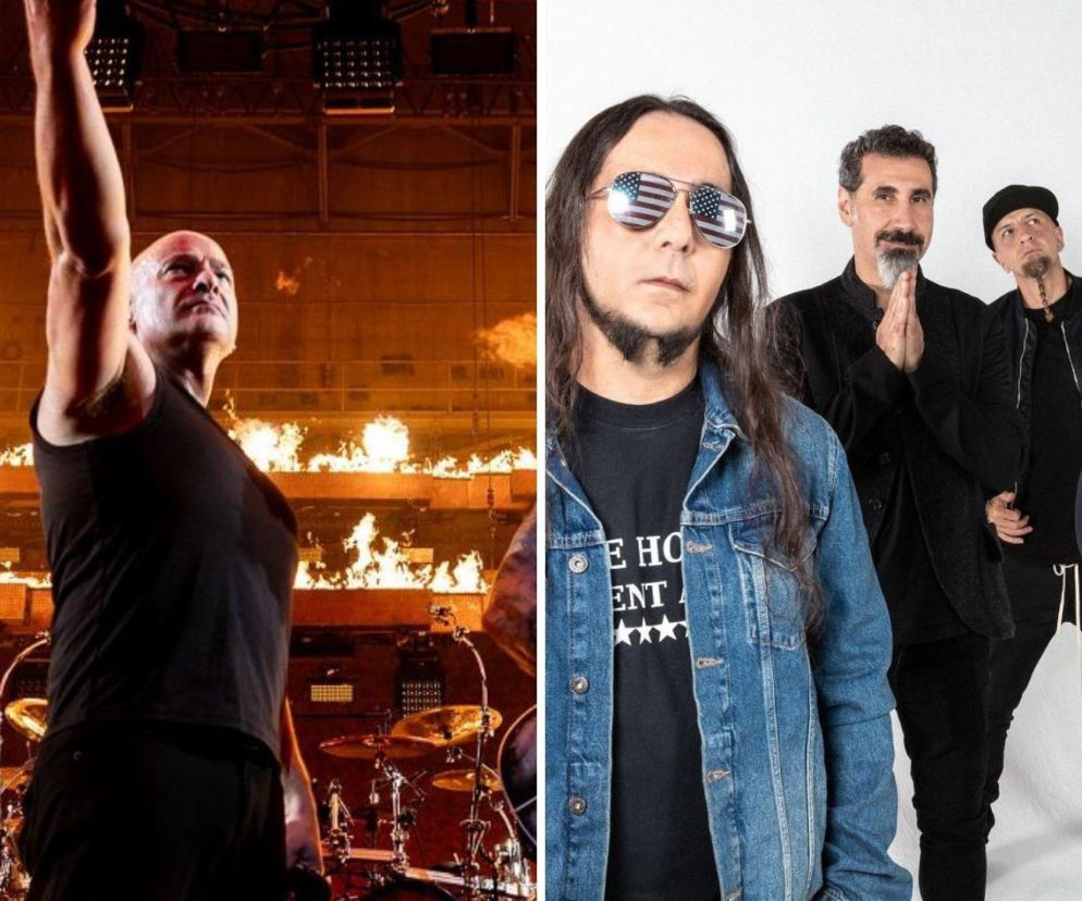 David Draiman z Disturbed na scenie. Obok zdjęcie muzyków System of a Down. O ich koncertach przeczytasz na EskaRock.