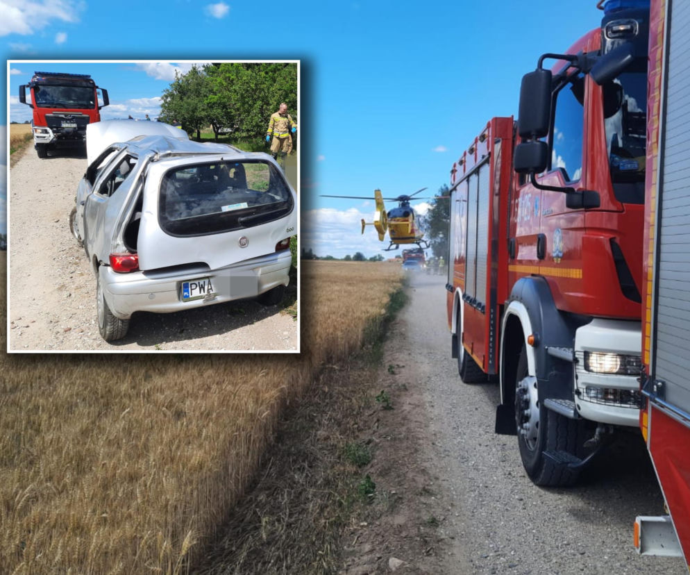 Służby przy lądującym śmigłowcu LPR. Na wstawce rozbite auto w Rąbczynie. O tragicznym wypadku przeczytasz na SE.