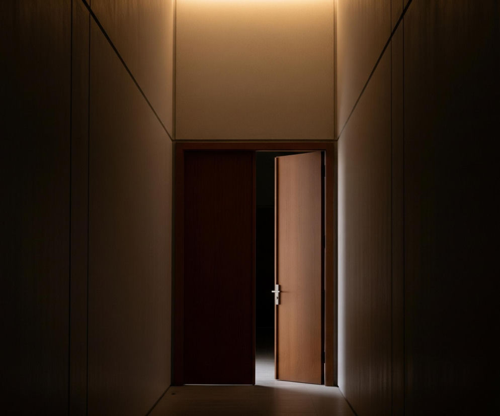 Wąski korytarz z ciemnymi ścianami i podłogą prowadzi do częściowo otwartych drzwi, z których wnętrza wydobywa się jasne światło. Lewe skrzydło drzwi jest ciemnobrązowe i nieruchome, natomiast prawe skrzydło, w kolorze jasnego drewna, jest uchylone, ukazując srebrną klamkę. Nad drzwiami znajduje się poziome pasmo światła, rozświetlające górną część ścian korytarza.