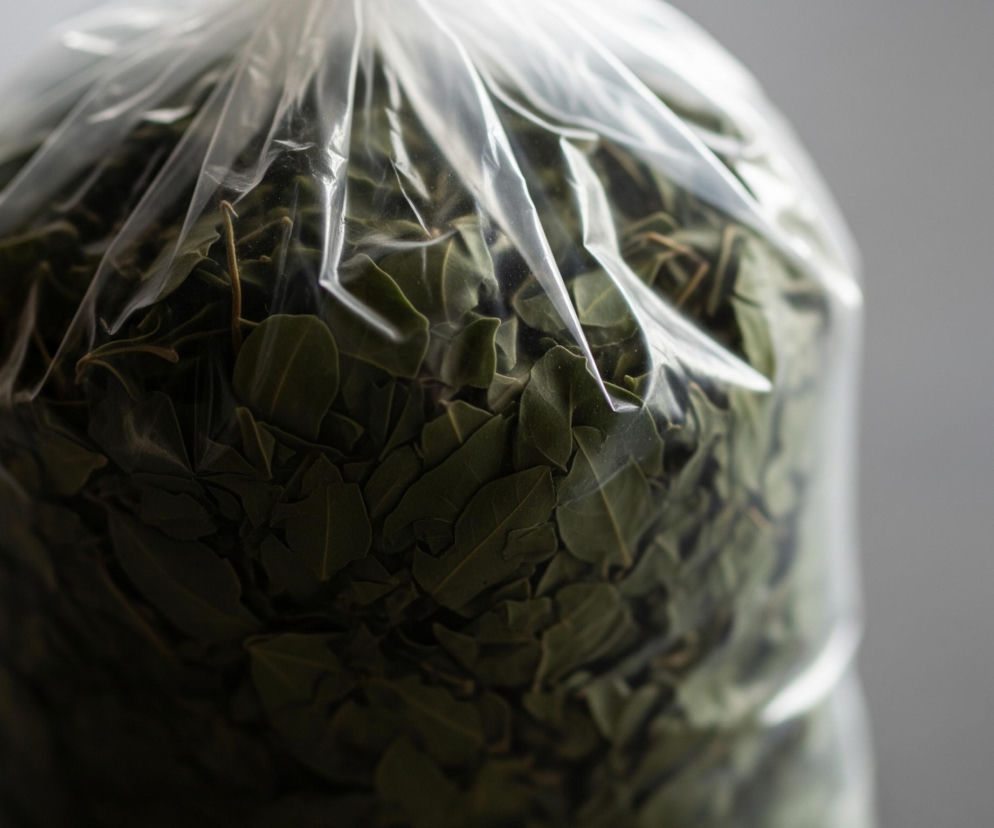 Pionowy kadr przedstawia przezroczystą, plastikową torbę wypełnioną suszonymi liśćmi, głównie w odcieniach zieleni i brązu. Torba jest częściowo zgnieciona w górnej części, tworząc widoczne fałdy i załamania, które odbijają światło. Tło jest jednolite, w neutralnym, jasnoszarym kolorze, rozmyte i nieostre.