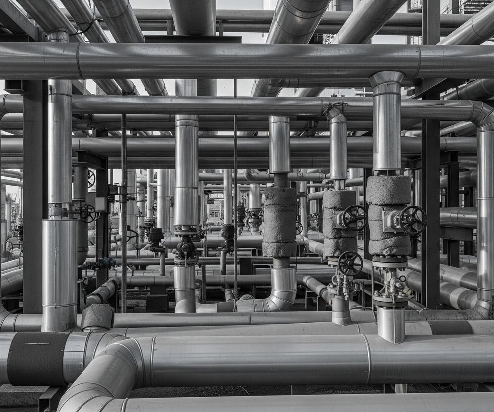 Gęstą sieć metalowych rur i konstrukcji w tonacji monochromatycznej. Dominują tu liczne, równoległe i prostopadłe rury o różnej grubości, ułożone w wielu warstwach i kierunkach, tworząc labirynt industrialny. W centrum obrazu widoczne są także zawory z kołami, niektóre owinięte izolacją, oraz pionowe wsporniki i podpory dla rurociągów. Tło jest jasne i rozmyte, z niewyraźnymi elementami budynków lub innych instalacji przemysłowych.