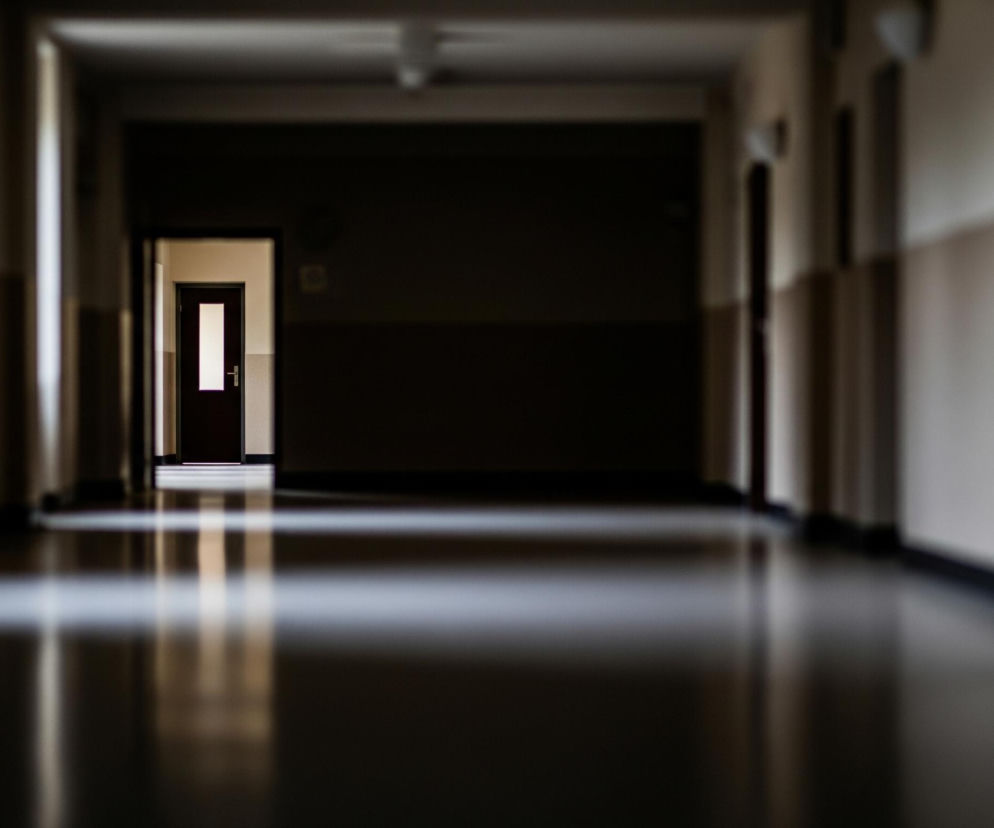 Długi, ciemny korytarz rozciąga się w głąb, z wyraźnie widocznym na końcu otwartym, drewnianym drzwiami z pojedynczą pionową szybą. Podłoga jest lśniąca i odbija światło w postaci długich, jasnych pasów, zwłaszcza w kierunku drzwi, tworząc złudzenie mokrej powierzchni. Ściany boczne, widoczne po obu stronach korytarza, są dwukolorowe – dolna część jest ciemniejsza, górna jaśniejsza, a na suficie znajdują się jasne punkty, prawdopodobnie lampy, które rzucają światło. Perspektywa jest centralna, a głębia ostrości skupia się na drzwiach na końcu, podczas gdy bliskie i dalsze części korytarza są lekko rozmyte.