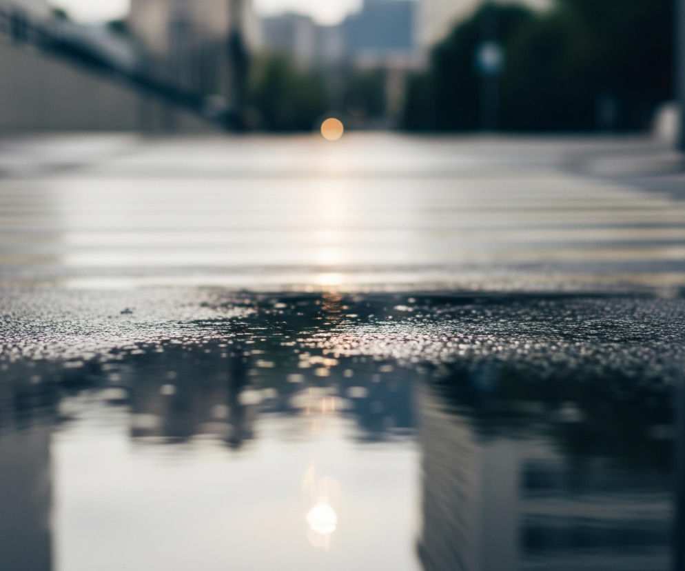 Droga asfaltowa z kałużami po deszczu dominuje na pierwszym planie, ukazując liczne krople wody, które odbijają światło. Na mokrej nawierzchni widoczne są rozmyte białe pasy przejścia dla pieszych, ciągnące się w głąb kadru. W dolnej części obrazu, w kałuży, odbijają się zamazane kształty budynków oraz pojedyncze, jasne światło. Tło jest rozmyte, ukazując niewyraźne zarysy miejskiej zabudowy i drzew, a pośrodku kadru, w oddali, unosi się jasna, kulista plama światła. Całość utrzymana jest w chłodnych, ciemnych tonacjach granatu i szarości, kontrastujących z ciepłymi, jasnymi akcentami świetlnymi.