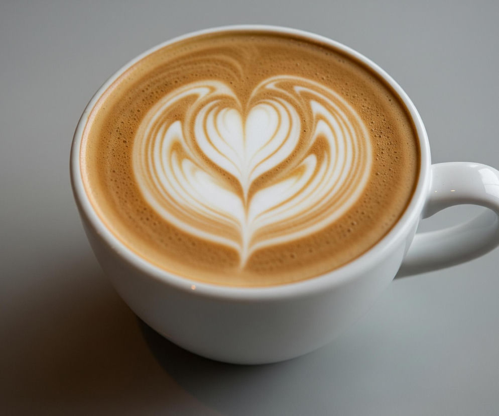 Biała filiżanka z kawą latte jest umieszczona na jasnoszarym blacie, widziana z góry pod lekkim kątem. W kawie znajduje się biały wzór latte art w kształcie serca, otoczony kremową, jasnobrązową pianką z małymi pęcherzykami. Filiżanka, z białym uchem po prawej stronie, rzuca delikatny cień na blat po lewej i dolnej stronie.