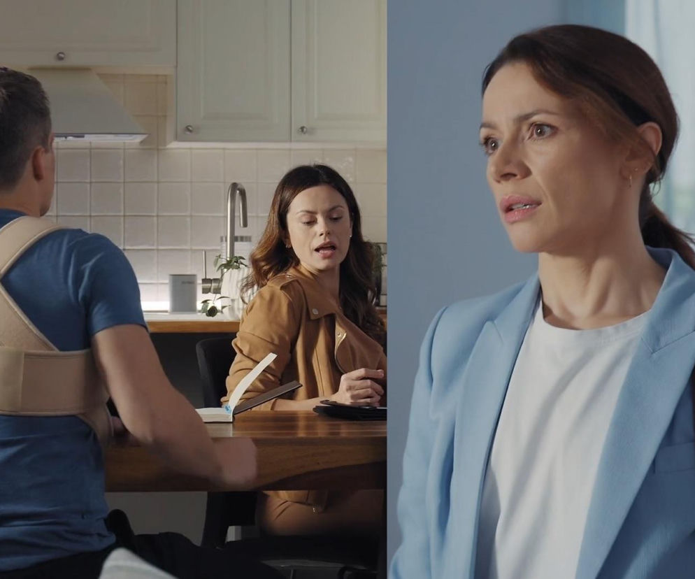 Paulina Lasota (Kasia) i Magdalena Turczeniewicz (Martyna) z M jak miłość w scenach ukazujących zazdrość i walkę o Jakuba. Kasia rozmawia z rannym Jakubem, który nosi ortezę, a Martyna patrzy zszokowana, wszystko to na portalu Super Seriale.