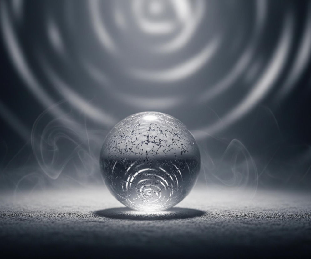 Centralnie umieszczona jest przezroczysta kula, której dolna część intensywnie świeci, odbijając spiralne wzory. Wewnątrz kuli, szczególnie w górnej jej części, widać sieć ciemnych, nieregularnych pęknięć lub wtrąceń. Kula spoczywa na ciemnym, ziarnistym podłożu, z którego unoszą się delikatne, białe smugi dymu. Tło jest rozmyte, z widocznymi koncentrycznymi, jaśniejszymi okręgami zanikającymi w ciemności.