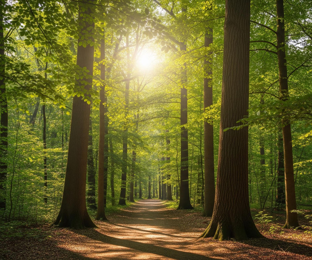 W gęstym, zielonym lesie, promieniste słońce wpada pomiędzy drzewa, tworząc jasną poświatę w centrum kadru. Liście drzew na pierwszym planie i w tle lśnią w odcieniach intensywnej zieleni, z jaśniejszymi partiami tam, gdzie dosięga światło. Wąska, ziemista ścieżka, pokryta brązowymi liśćmi, biegnie prosto przez las, zanikając w oddali. Na ścieżce i wokół niej widoczne są długie cienie rzucane przez drzewa, które podkreślają złoty blask słońca.