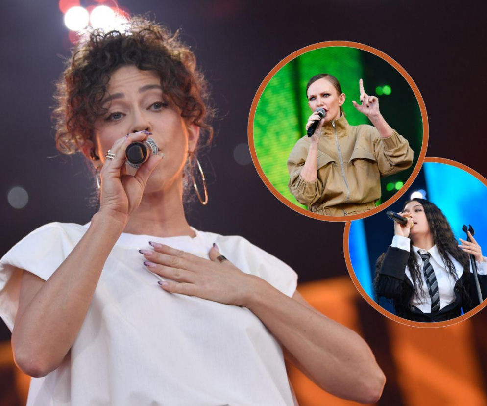 Natalia Kukulska w białej bluzce na scenie, śpiewająca do mikrofonu. W tle dwa okrągłe zdjęcia: Kasia Stankiewicz w beżowej kurtce i Viki Gabor w szkolnym stroju z krawatem. Wszystkie artystki występowały podczas koncertu Lato z Radiem i TVP w Radomiu, o czym przeczytasz na naszym portalu.