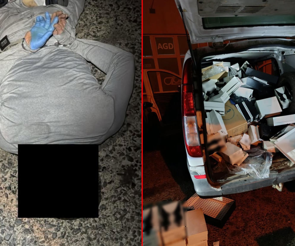 Zatrzymany mężczyzna w kajdankach. Obok otwarty bagażnik mercedesa pełen łupów. O akcji policji przeczytasz na Eska Poznań.