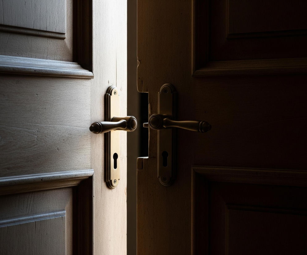 Dwoje drewnianych drzwi, częściowo otwartych, ukazuje jaśniejszy obszar pomiędzy nimi. Lewe drzwi, o panelowej konstrukcji, są jasnobrązowe, z widocznymi słojami drewna i delikatnym, złotym światłem padającym na ich krawędź. Na lewych drzwiach znajduje się mosiężna klamka z płytką zamka. Prawe drzwi są ciemniejsze, ich powierzchnia jest głównie w cieniu, z widoczną mosiężną klamką o podobnym kształcie, umieszczoną symetrycznie do tej na lewych drzwiach.