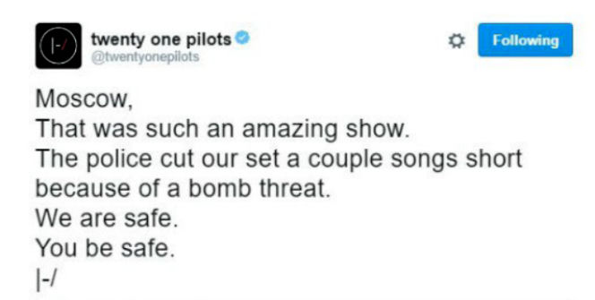 Koncert Twenty One Pilots w Moskwie przerwany z powodu alarmu bombowego  