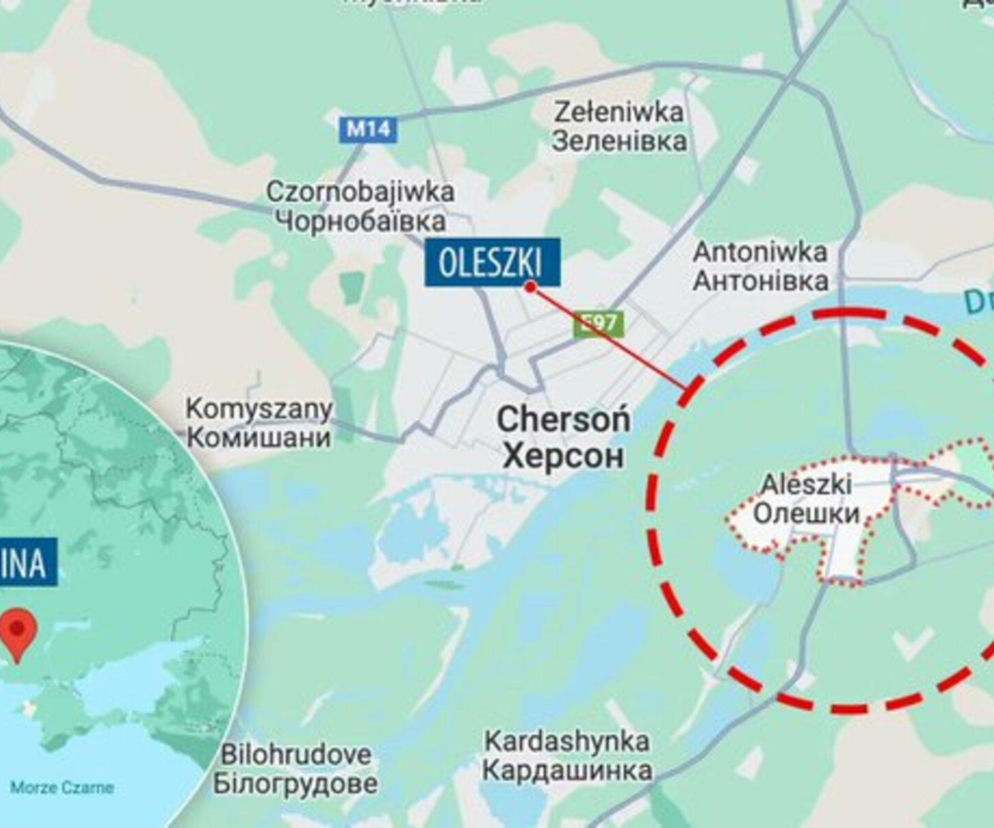 Mapa okolic Chersonia i Ołeszek nad Dnieprem. Obok miniatura z lokalizacją Ukrainy. O misji przeczytasz na SE Portal Obronny.