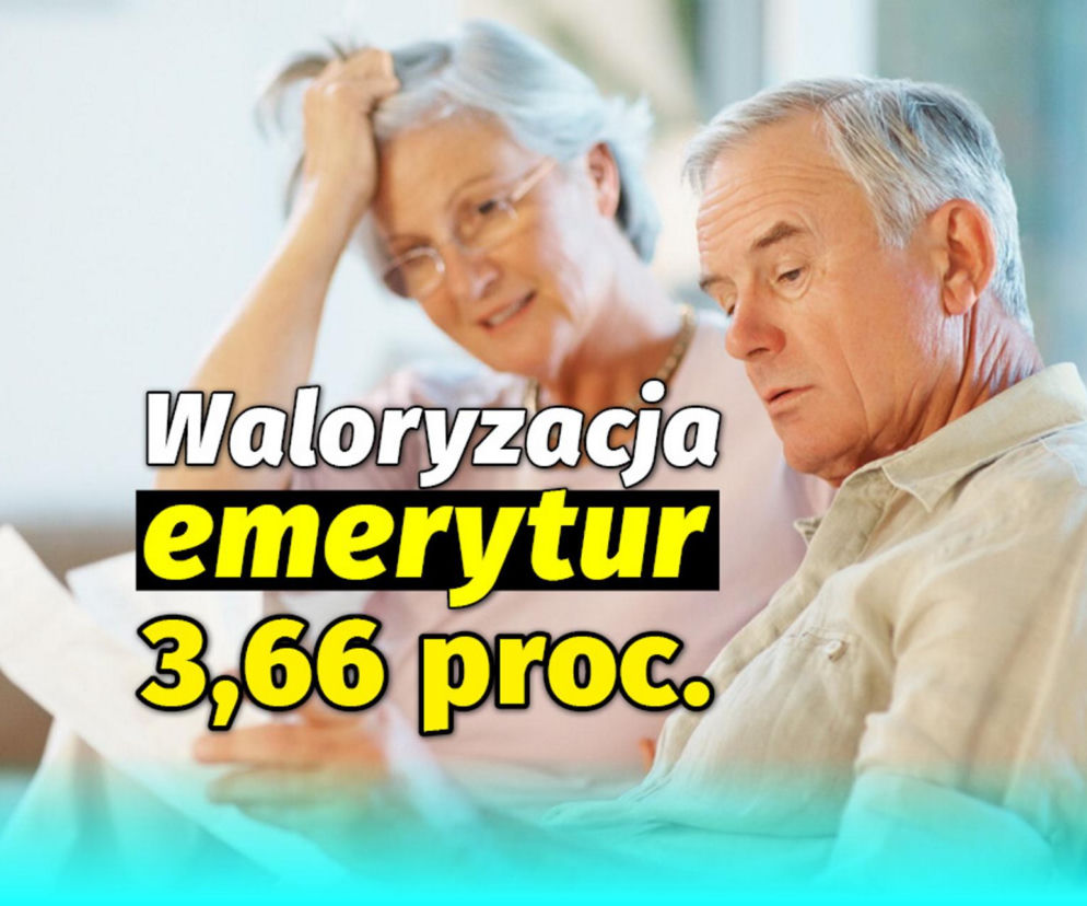 Zatroskane starsze osoby, kobieta trzymająca się za głowę i mężczyzna z zamyśloną miną, patrzące na dokumenty. Duży napis „Waloryzacja emerytur 3,66 proc.” wskazuje na niskie podwyżki. Więcej o waloryzacji przeczytasz na Super Biznes.