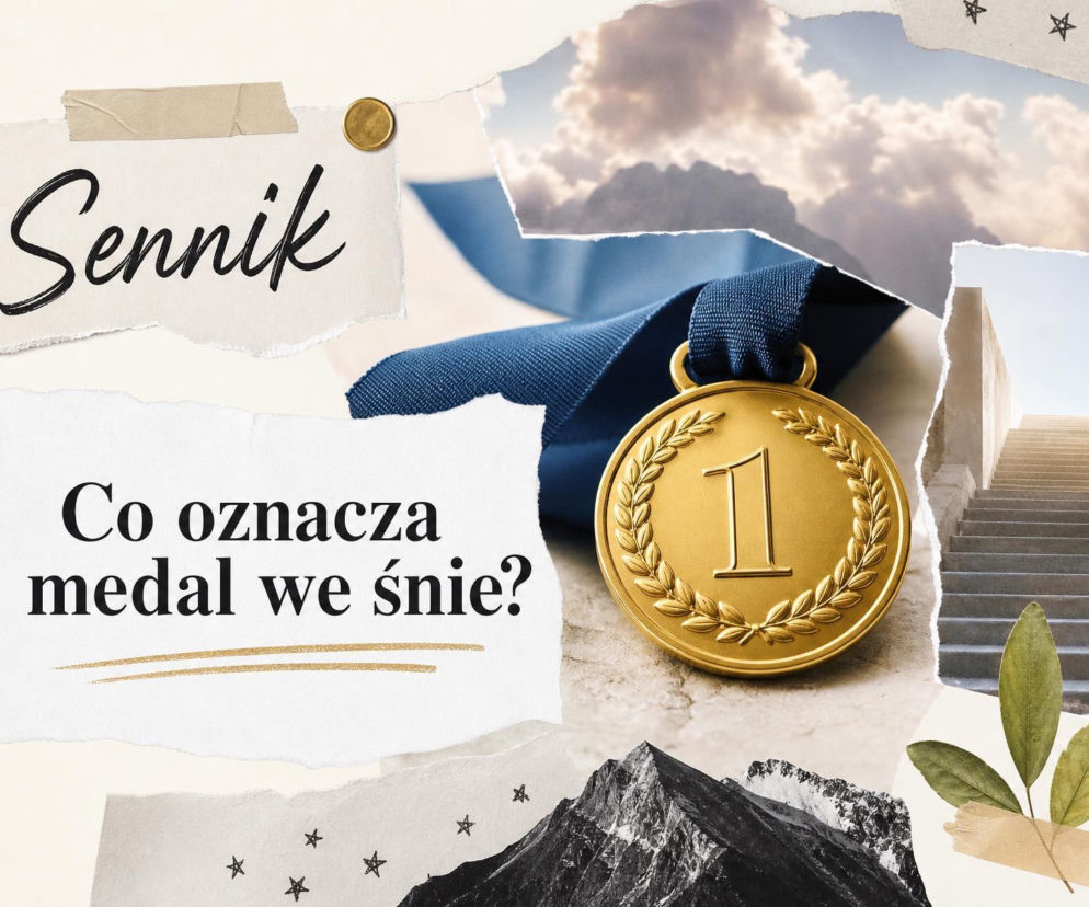 Złoty medal z cyfrą jeden na niebieskiej wstążce obok napisu Sennik. O znaczeniu snu o medalu przeczytasz na SE.