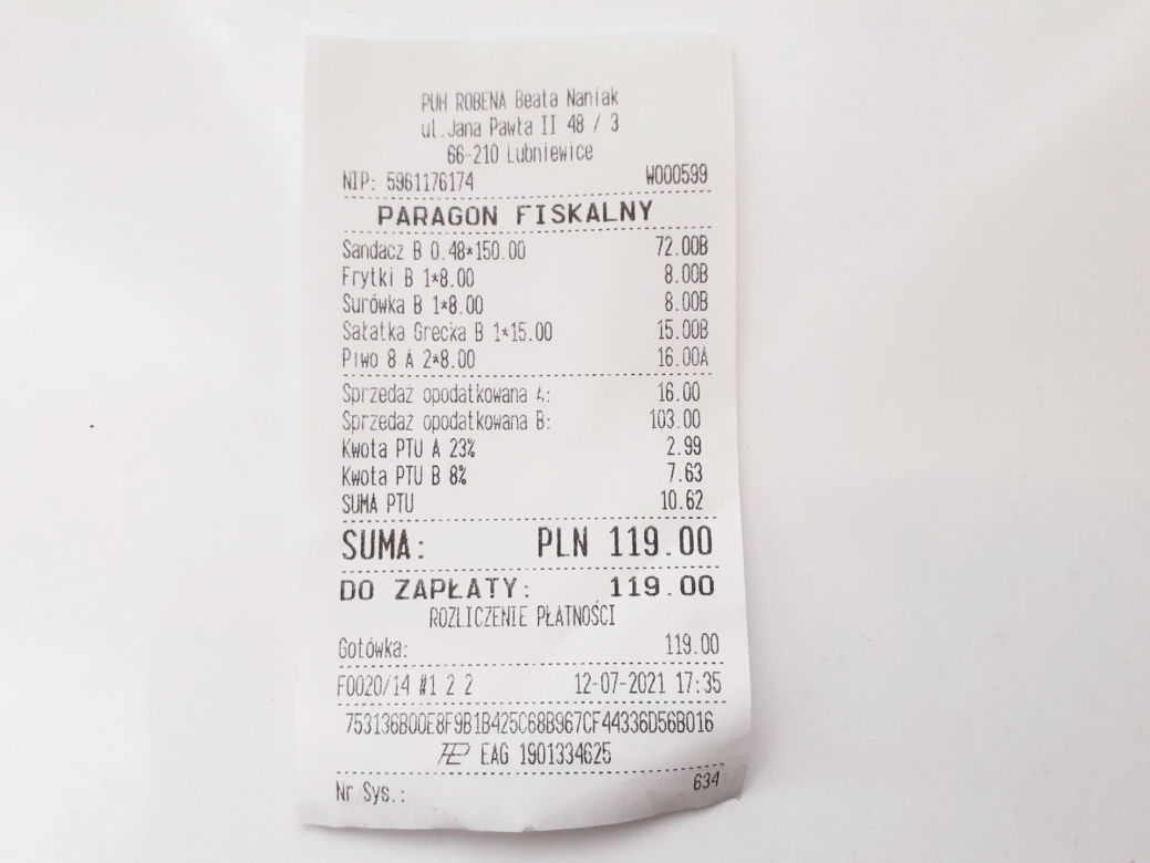 Paragony grozy - kawałeczek ryby nad jeziorem za 100 zł