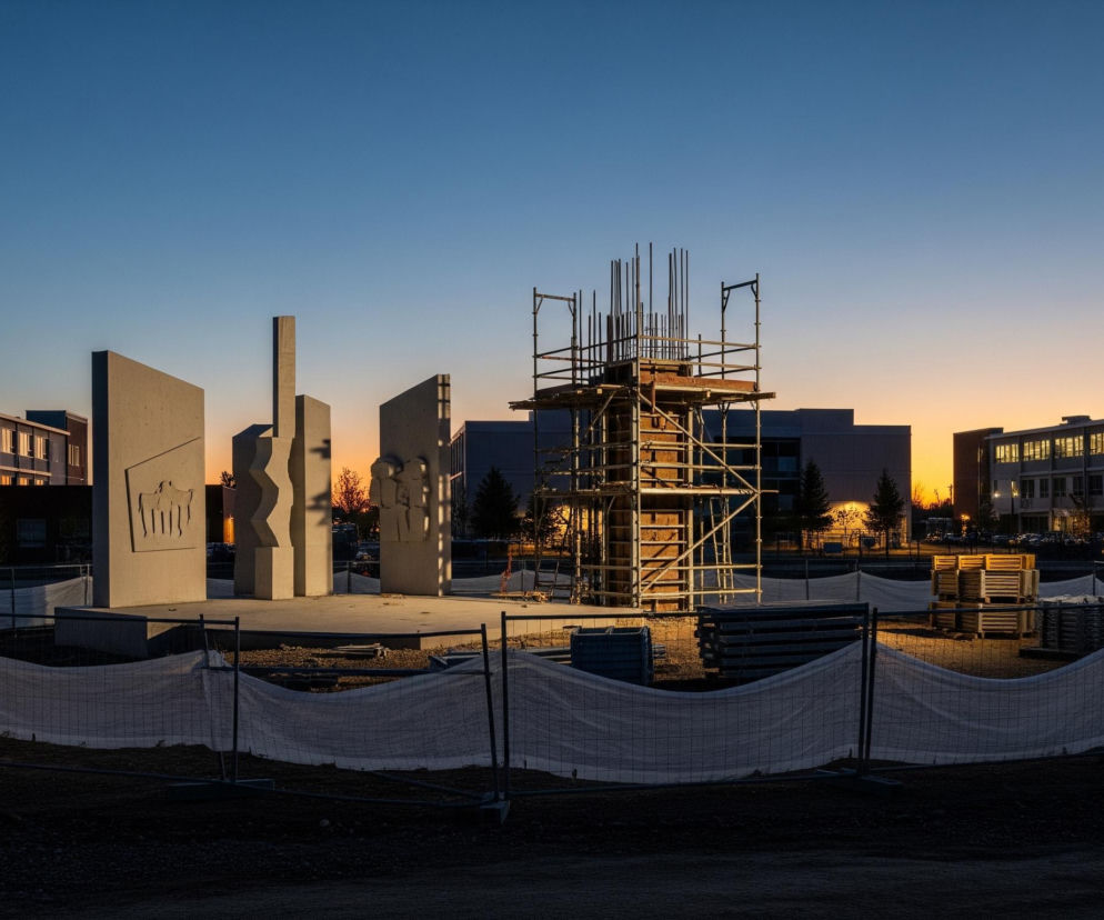 Centralny element obrazu to okrągły plac budowy otoczony białym płotem z siatki, zawierający betonowe konstrukcje i rusztowanie. Po lewej stronie placu znajduje się kilka abstrakcyjnych, pionowych betonowych bloków, z których jeden ma wyryty relief przedstawiający sylwetki ludzi. W centrum placu stoi wysokie rusztowanie z metalowych rur, z wystającymi prętami zbrojeniowymi na szczycie.

W tle, za placem budowy, widać nowoczesne budynki z licznymi oknami, z których wiele świeci ciepłym, żółtym światłem. Niebo na obrazie to gradient przechodzący od głębokiego błękitu na górze do jasnopomarańczowego i żółtego horyzontu, sugerujący wschód lub zachód słońca. Całość jest skąpana w miękkim, wieczornym świetle.