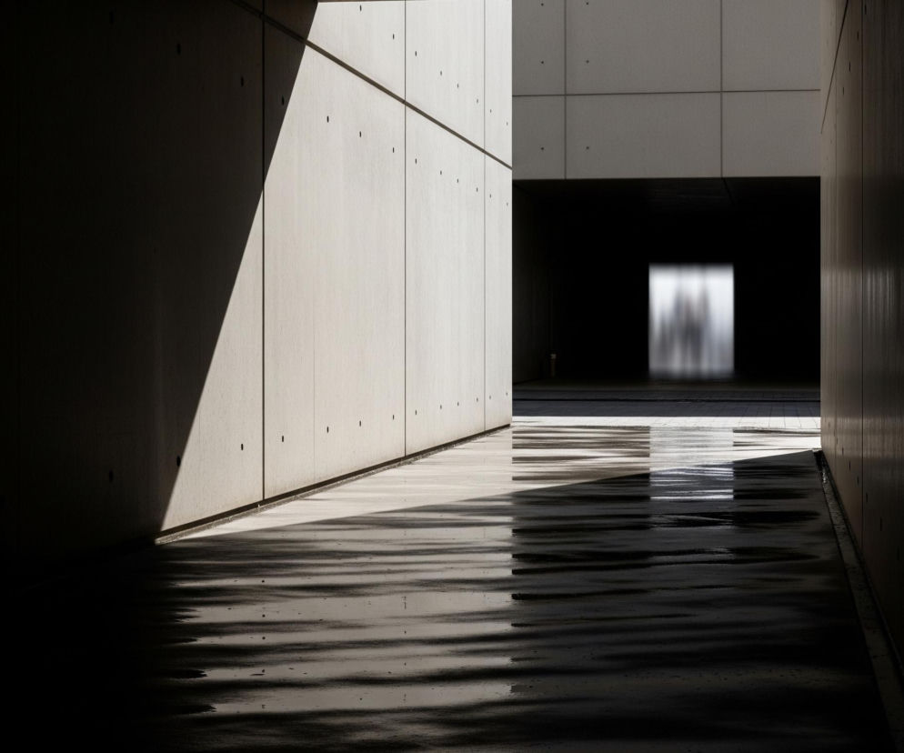 Wąskie przejście architektoniczne zbudowane z betonowych ścian dominuje w kadrze, z lewej strony ściana jest jaśniejsza, a prawy bok i podłoga są w większości zacienione. Na lewej ścianie, biegnącej skośnie w górę, widoczny jest duży, jasny trójkąt światła słonecznego, tworzący kontrast z głębokim cieniem. Podłoże jest mokre i odbija światło, tworząc nieregularne, rozmyte refleksy w cieniu oraz wyraźniejsze, falujące wzory tam, gdzie pada światło. W głębi przejścia widać ciemną przestrzeń, a na jej końcu znajduje się jasny, pionowy prostokąt, wyglądający jak świetlny portal lub źródło światła, z rozmazanymi, pionowymi smugami.