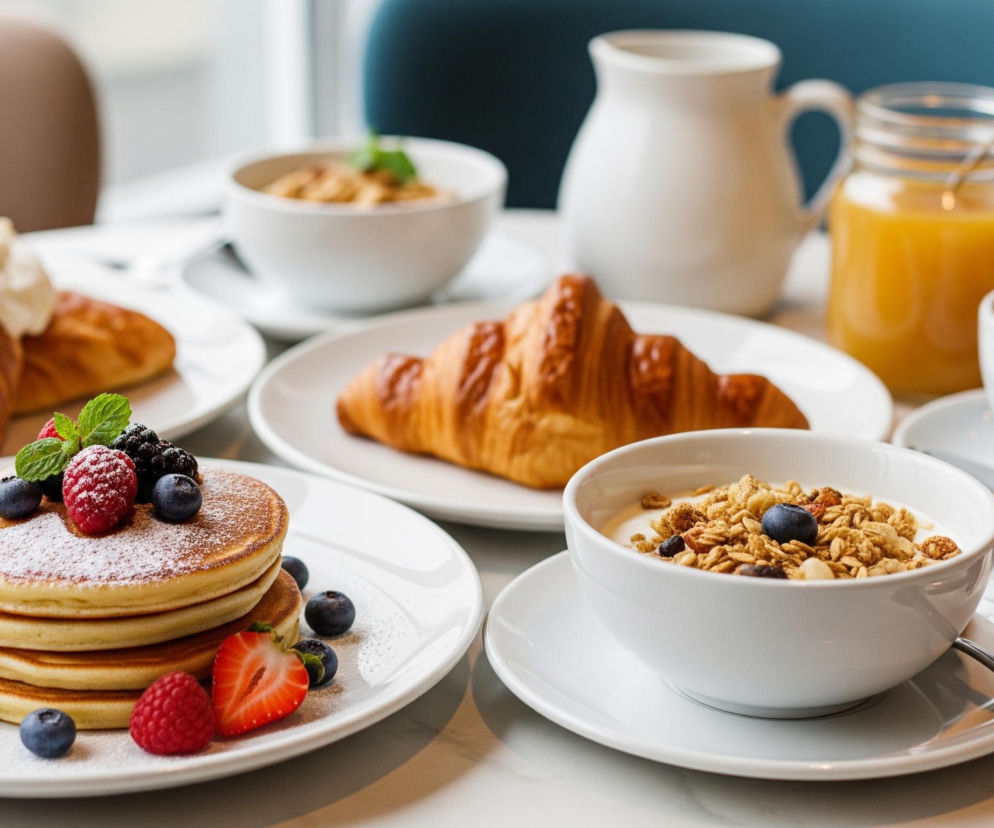 Na białym stole znajduje się bogate śniadanie z różnymi daniami i napojami. Na pierwszym planie, po lewej stronie, leży stos czterech puszystych naleśników posypanych cukrem pudrem, ozdobiony świeżymi malinami, borówkami, połówkami truskawek, jeżynami oraz listkiem mięty. Obok nich, po prawej, stoi biała miska z jogurtem i granolą, na której widać borówkę. Za naleśnikami widoczne są dwa bułki z bitą śmietaną, a dalej na talerzu leży duży, złocisty rogalik. W tle widać biały dzbanek, słoik z sokiem pomarańczowym oraz filiżankę kawy latte ze wzorem na piance.