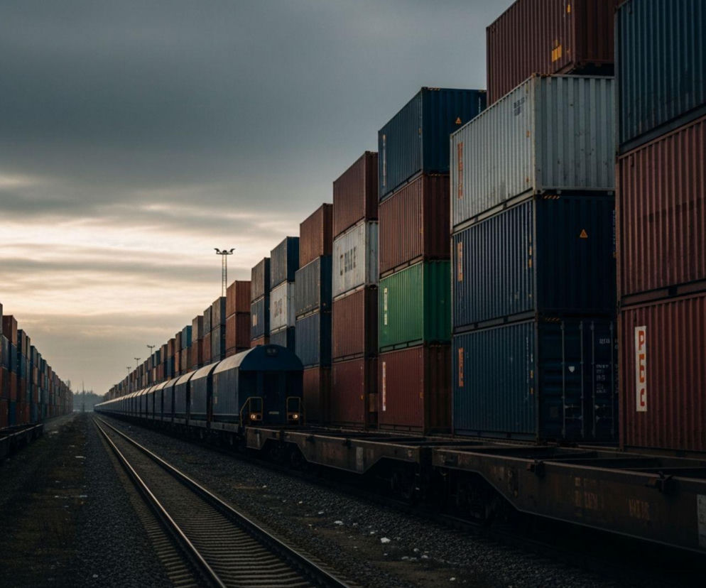 Pociąg towarowy przewożący liczne, kolorowe kontenery na terminalu kontenerowym o zmierzchu. Długie rzędy kontenerów symbolizują handel międzynarodowy i wyzwania związane z eksportem, takie jak problemy z przepustowością portów, o czym przeczytasz na Super Biznes.