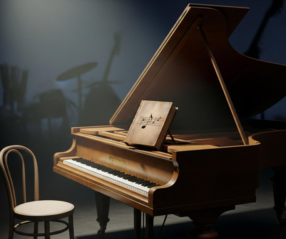 Na pierwszym planie, centralnie, stoi duży, brązowy fortepian. Jego pokrywa jest podniesiona, a na pulpicie leży otwarta księga z nutami, widoczne są czarne pięciolinie i nuty. Obok fortepianu, po lewej stronie, znajduje się proste, jasnobrązowe krzesło z okrągłym siedziskiem. Tło jest ciemne, lekko rozmyte, ale zarysowane są sylwetki innych instrumentów muzycznych, takich jak kontrabasy i perkusja, oświetlone z góry, tworząc eteryczną atmosferę.