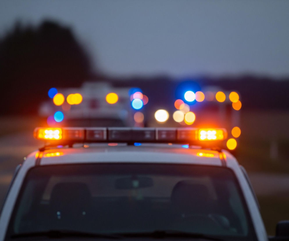 Na pierwszym planie widoczny jest dach białego samochodu, na którym zamontowana jest listwa świetlna z włączonymi, migającymi pomarańczowymi światłami. W oddali, za tym samochodem, majaczą niewyraźne, rozmyte światła innych pojazdów, głównie w kolorach żółtym i niebieskim. Tło stanowi rozmyty krajobraz z ciemnymi sylwetkami drzew i szarym, wieczornym niebem. Całość jest ciemna, a światła tworzą efekt bokeh, skupiając uwagę na oświetleniu alarmowym.