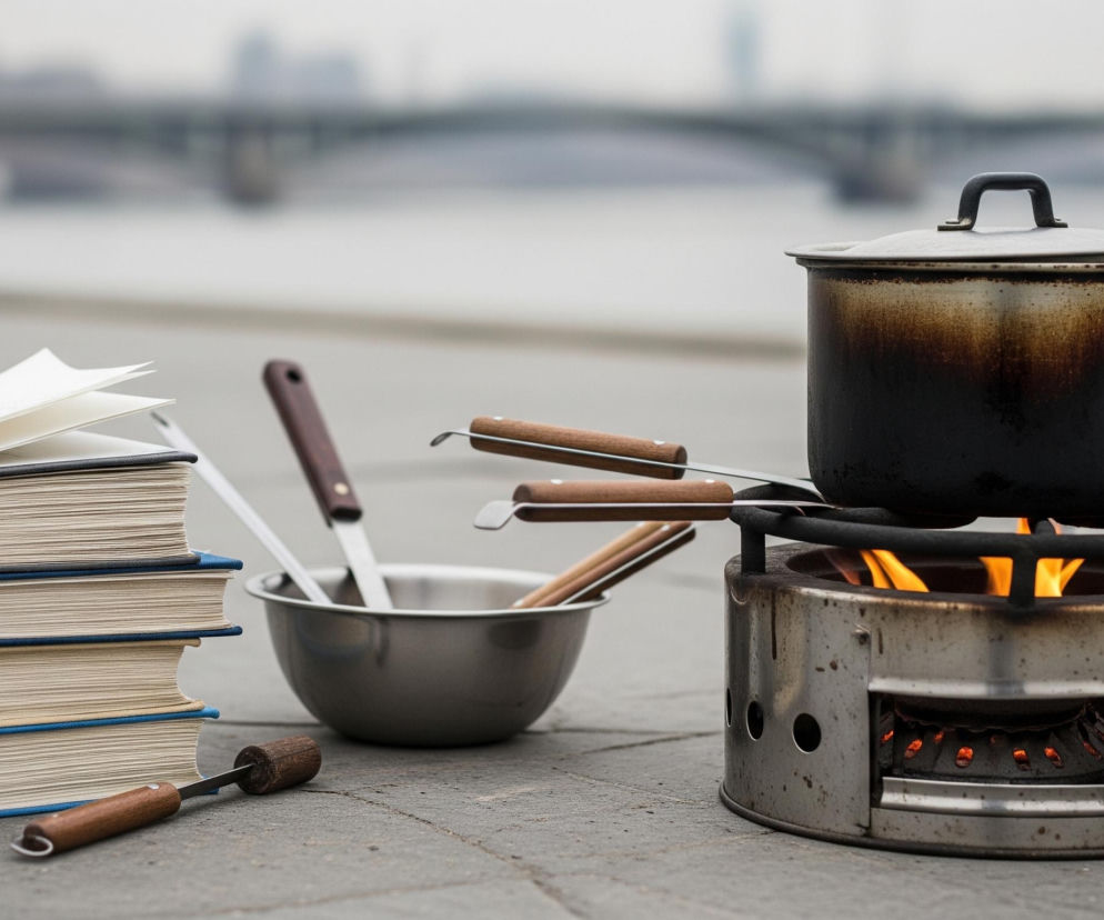 Na pierwszym planie, po prawej stronie, stoi mała, metalowa kuchenka turystyczna z widocznym płomieniem. Na niej spoczywa czarny, okopcony garnek z pokrywką i zanurzoną łyżką. Obok garnka leży kilka metalowych narzędzi z drewnianymi rączkami oraz metalowa miska z pałeczkami i innymi sztućcami. Po lewej stronie ułożony jest stos czterech książek w twardych oprawach – dwie niebieskie, jedna beżowa i jedna ciemnoszara, na której leżą otwarte białe kartki, a niżej widoczny jest jeszcze jeden narzędzie z drewnianą rączką. Całość znajduje się na szarej, prostokątnej kostce brukowej, a w tle widać rozmyty obraz rzeki lub jeziora z mostem i zarysami budynków.