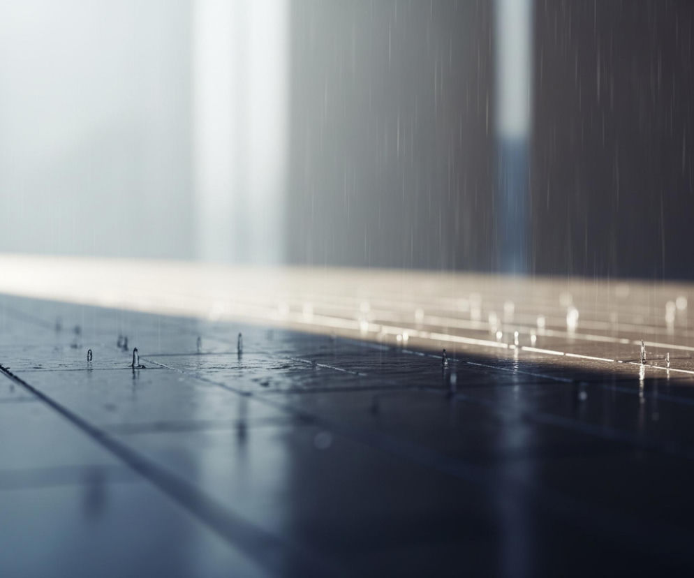 Deszcz padający na ciemną, płaską powierzchnię przypominającą chodnik lub posadzkę, z jasnym światłem w tle. Krople deszczu są widoczne w powietrzu jako pionowe smugi, a także po uderzeniu w powierzchnię, gdzie tworzą małe, odbijające światło kałuże i unoszące się słupki wody. Na posadzce, w lewej części kadru, są wyraźne linie podziału, a w środkowej i prawej części, na jaśniejszym obszarze, występują świetliste refleksy od kropel.