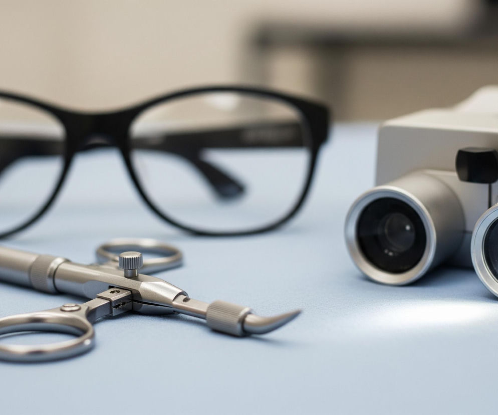 Na jasnoniebieskim, teksturowanym blacie leżą ułożone obok siebie trzy obiekty. W centrum znajduje się srebrzyste narzędzie chirurgiczne przypominające nożyczki z długimi uchwytami i zakrzywioną końcówką. Za nim, częściowo rozmyte, leżą czarne okulary korekcyjne. Po prawej stronie blatu umieszczone jest prostokątne, jasnoszare urządzenie optyczne z dwoma cylindrycznymi soczewkami, z których prawa emituje silne, białe światło.