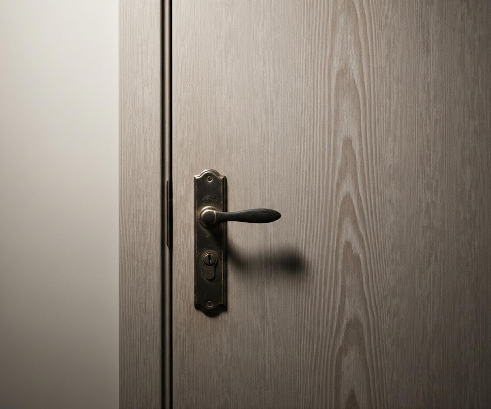 Zbliżenie na drewniane drzwi z metalową klamką i zamkiem. Lewa część kadru zajmuje fragment jasnej ściany, a tuż obok niej widać wąski pasek futryny drzwi, po czym rozpoczyna się właściwa powierzchnia drzwi o jasnobrązowym odcieniu z wyraźnym, pionowym usłojeniem. Klamka z ciemnego metalu, o antycznym wyglądzie, znajduje się w centrum drzwi, a pod nią widoczny jest otwór na klucz. Światło pada z lewej strony, oświetlając jaśniej lewą krawędź drzwi, podczas gdy prawa strona zanika w cieniu, co nadaje scenie głębi.