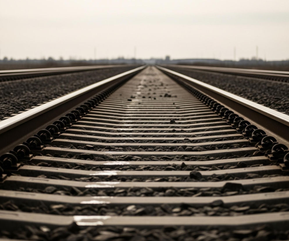 Dwie równoległe linie torów kolejowych rozciągające się w dal, zbiegające się w kierunku horyzontu. Tory, wykonane ze stalowych szyn i drewnianych podkładów, są ułożone na warstwie drobnego, ciemnego kruszywa, które zajmuje większość dolnej części kadru. Horyzont jest rozmyty, ukazuje jaśniejsze niebo przechodzące w niewyraźny krajobraz z ciemnymi sylwetkami drzew i kilku budynków. Cała scena jest utrzymana w stonowanych, ziemistych barwach szarości, brązu i beżu.