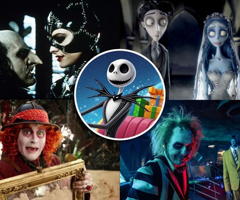 Kolaż postaci z filmów Tima Burtona. Na miniaturze w środku Jack Skellington. O stylu reżysera przeczytasz w serwisie Eska.