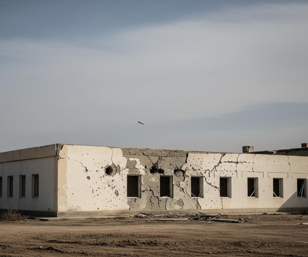 Zniszczony, parterowy budynek o białych ścianach dominuje centralną część kadru, prezentując liczne pęknięcia i ubytki tynku, z odsłoniętą ceglaną strukturą w niektórych miejscach. Elewacja ozdobiona jest licznymi otworami po kulach i jedną większą, okrągłą dziurą. W fasadzie znajduje się jedenaście prostokątnych, pustych okien, z czego pierwsze po lewej jest wąskie, a pozostałe dziesięć jest identycznych, pięć z nich ma białe ramy, a pięć nie posiada ram. Po prawej stronie do głównego budynku przylega inna, ceglana konstrukcja w ciemniejszym, brązowym odcieniu, z trzema widocznymi kominami na dachu. Teren przed budynkami jest piaszczysty i płaski, o beżowo-brązowej barwie, z nielicznymi kępkami wyschniętej trawy i gruzem, natomiast niebo w górnej części kadru jest jasne, błękitno-szare, z kilkoma chmurami.